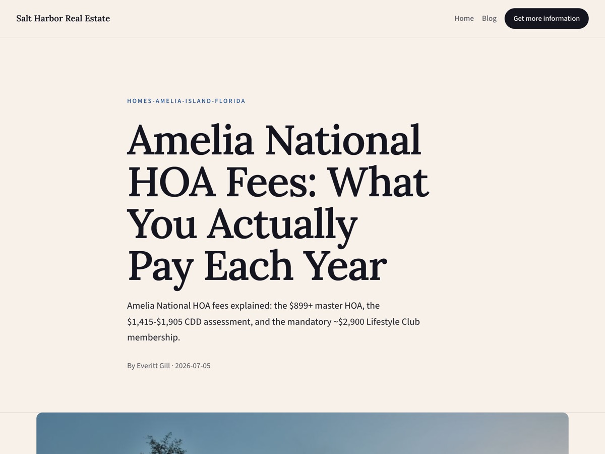 Screenshot of Salt Harbor's published article titled Amelia National HOA Fees: What You Actually Pay Each Year.