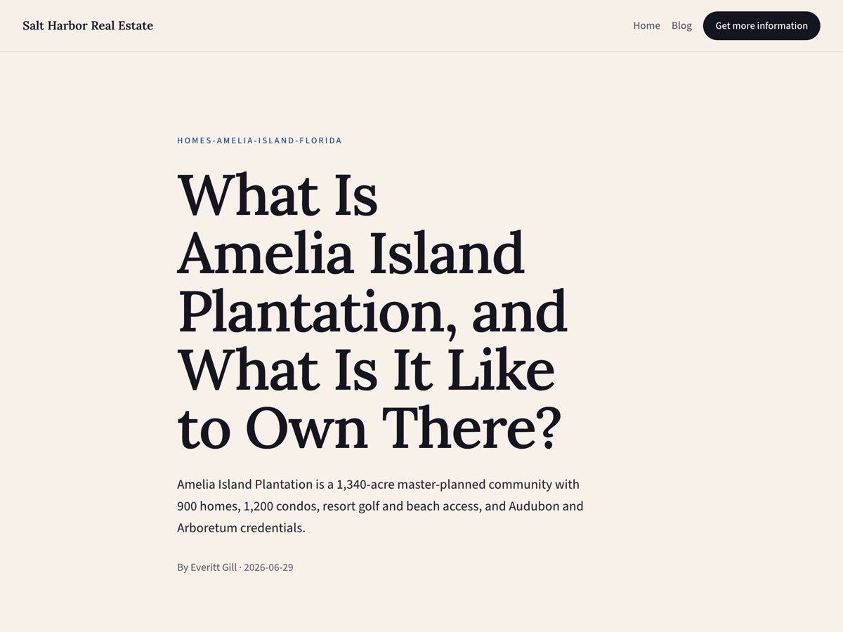 Screenshot of Salt Harbor's published article titled What Is Amelia Island Plantation, and What Is It Like to Own There?